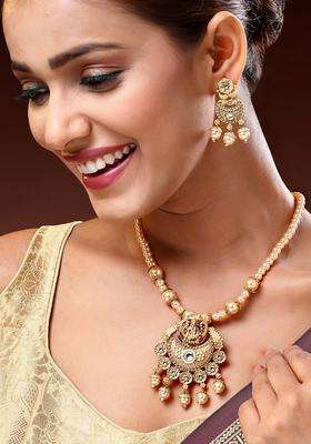 Gold-Plated Kundan-Studded & Pearl Beaded Jewellery Set for Women | Traditional Temple Jewellery for Wedding & Festive Wear | Gift for Her