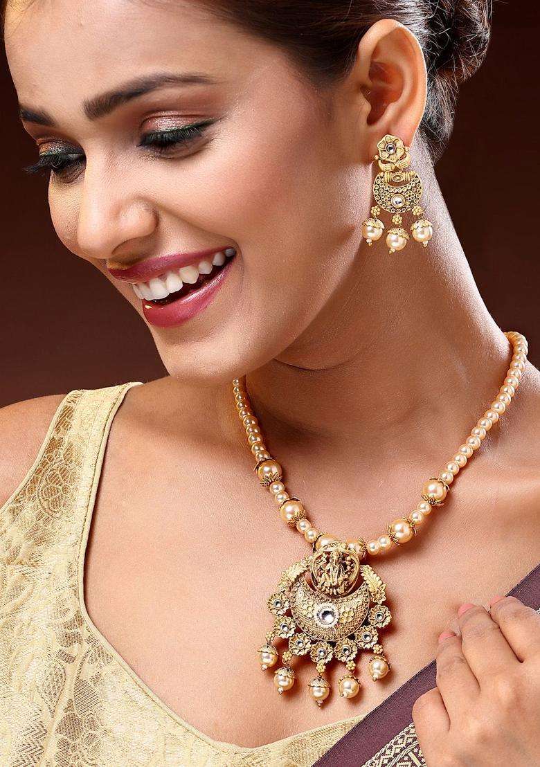 Gold-Plated Kundan-Studded & Pearl Beaded Jewellery Set for Women | Traditional Temple Jewellery for Wedding & Festive Wear | Gift for Her - Indya