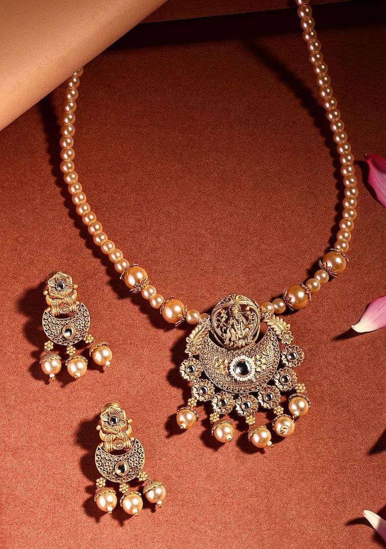 Gold-Plated Kundan-Studded & Pearl Beaded Jewellery Set for Women | Traditional Temple Jewellery for Wedding & Festive Wear | Gift for Her - Indya