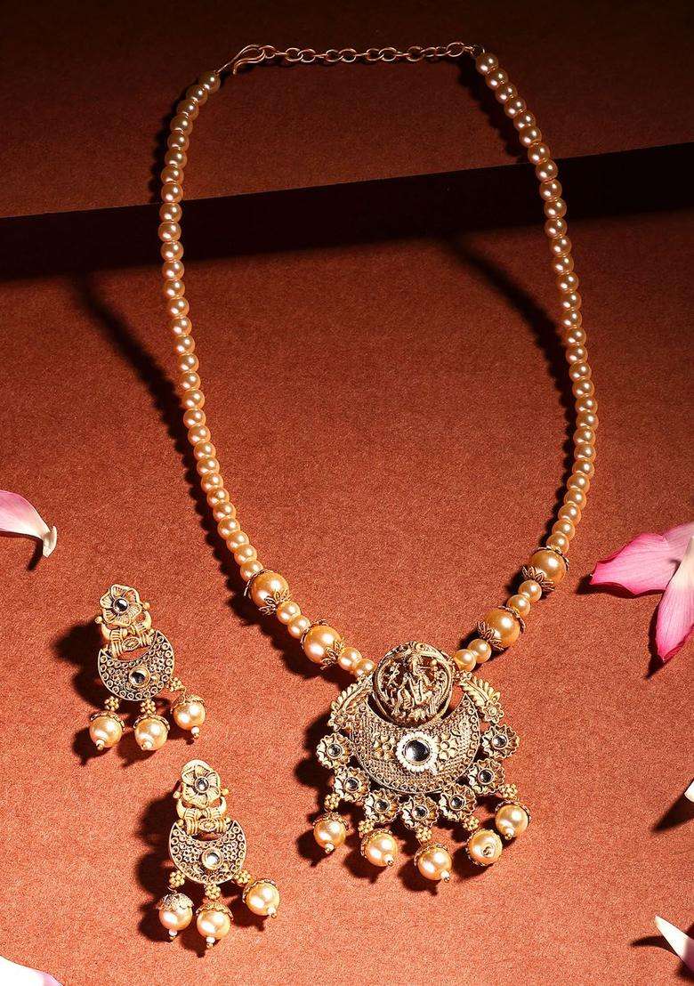 Gold-Plated Kundan-Studded & Pearl Beaded Jewellery Set for Women | Traditional Temple Jewellery for Wedding & Festive Wear | Gift for Her - Indya