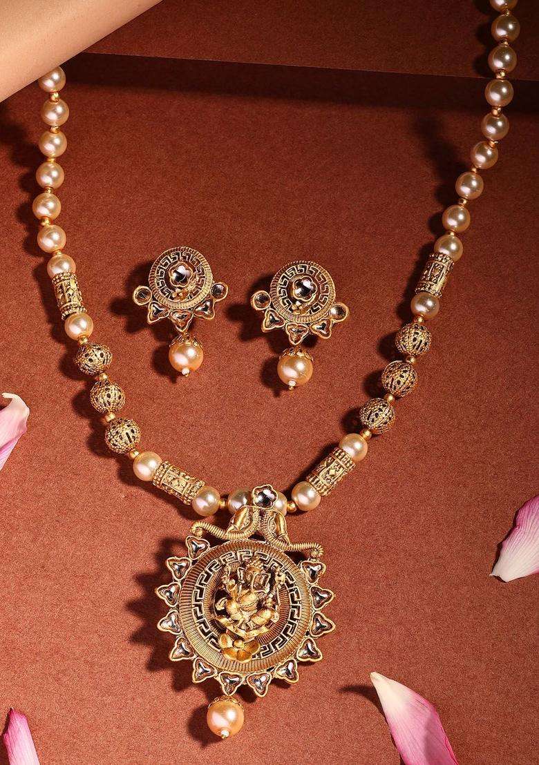 18K Gold-Plated Lord Ganesha Kundan Studded & Beaded Jewellery Set with Pearl for Women | Traditional Temple Jewellery for Wedding & Festive Wear | Gift for Her - Indya