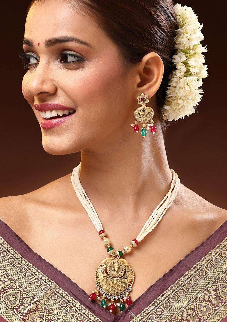 22K Gold-Plated Lord Shiva Kundan Stone with Pearl & Beaded Jewellery Set for Women | Traditional Temple Jewellery for Wedding & Festive Wear | Gift for Her - Indya