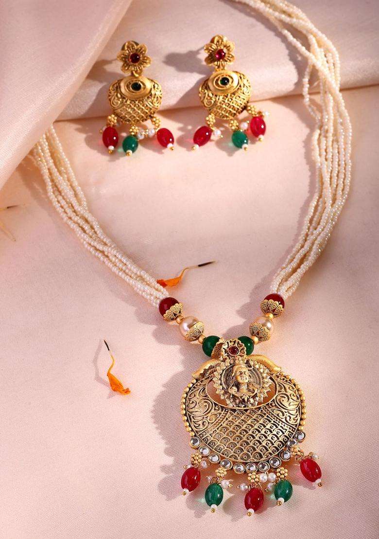 22K Gold-Plated Lord Shiva Kundan Stone with Pearl & Beaded Jewellery Set for Women | Traditional Temple Jewellery for Wedding & Festive Wear | Gift for Her - Indya
