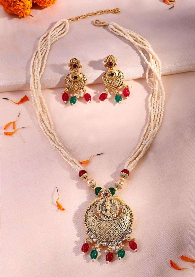 22K Gold-Plated Lord Shiva Kundan Stone with Pearl & Beaded Jewellery Set for Women | Traditional Temple Jewellery for Wedding & Festive Wear | Gift for Her - Indya