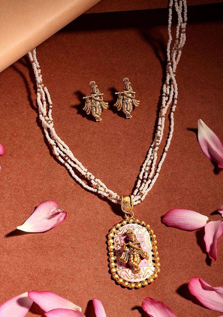 18K Gold-Plated Lord Krishna Meenakari Pearl & BeadedJewellerySet for Women | Traditional Temple Jewellery for Wedding & Festive Wear | Gift for Her - Indya