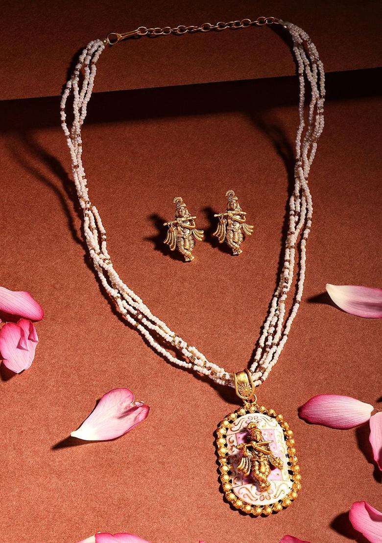 18K Gold-Plated Lord Krishna Meenakari Pearl & BeadedJewellerySet for Women | Traditional Temple Jewellery for Wedding & Festive Wear | Gift for Her - Indya