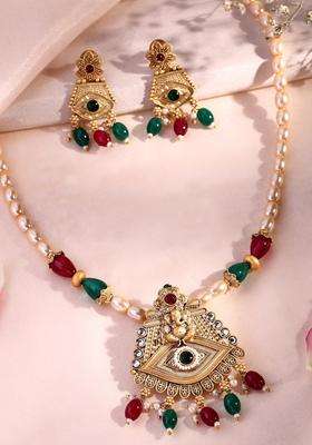 22K Gold-Plated Lord Ganesh Kundan Stone-Studded & Pearl BeadedJewellerySet for Women | Traditional Temple Jewellery for Wedding & Festive Wear | Gift for Her