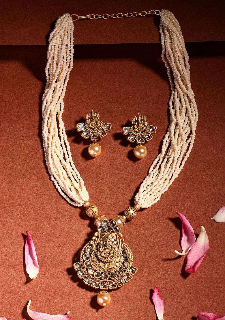 18K Gold-Plated Lord Ganesha Kundan Stone with Pearl & Beaded Jewellery Set for Women | Traditional Temple Jewellery for Wedding & Festive Wear | Gift for Her - Indya