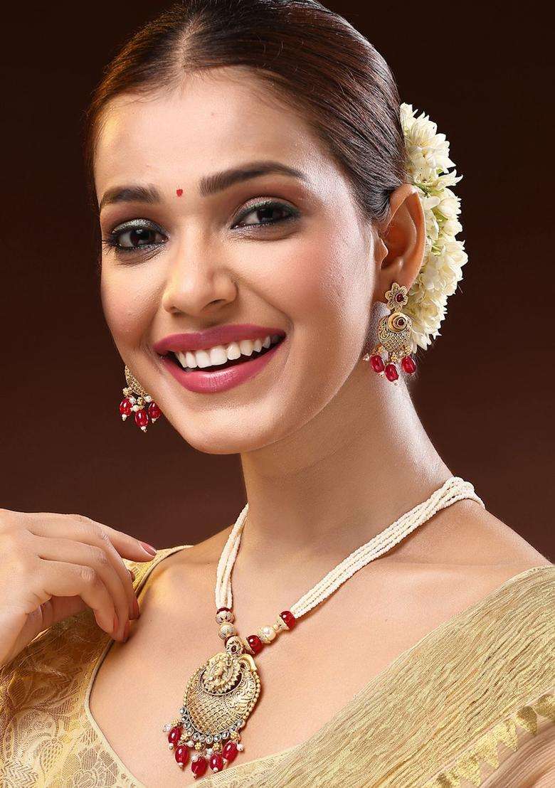 22K Gold-Plated Lord Shiva Kundan Stone-StuddedJewellerySet with Pearl for Women | Traditional Temple Jewellery for Wedding & Festive Wear | Gift for Her - Indya