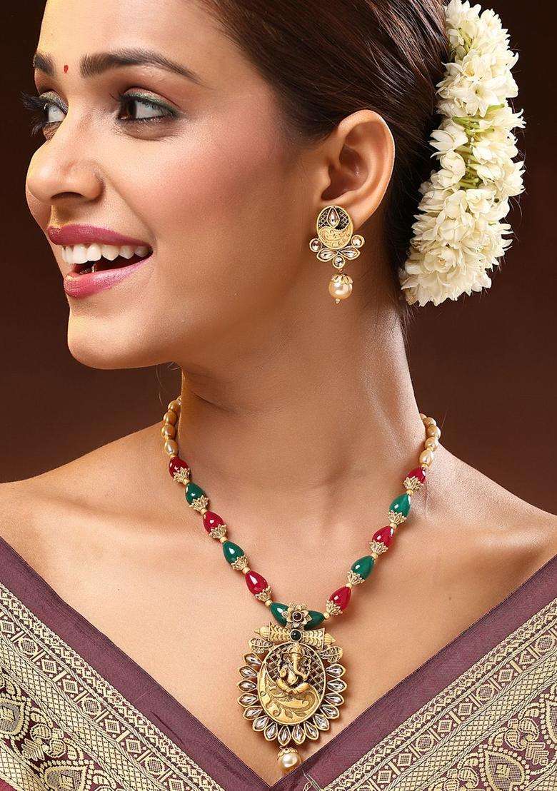18K Gold-Plated Lord Ganesha Kundan Stone with Pearl & Beaded Jewellery Set for Women | Traditional Temple Jewellery for Wedding & Festive Wear | Gift for Her - Indya