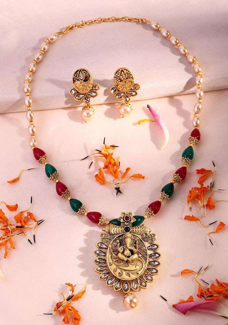 18K Gold-Plated Lord Ganesha Kundan Stone with Pearl & Beaded Jewellery Set for Women | Traditional Temple Jewellery for Wedding & Festive Wear | Gift for Her - Indya