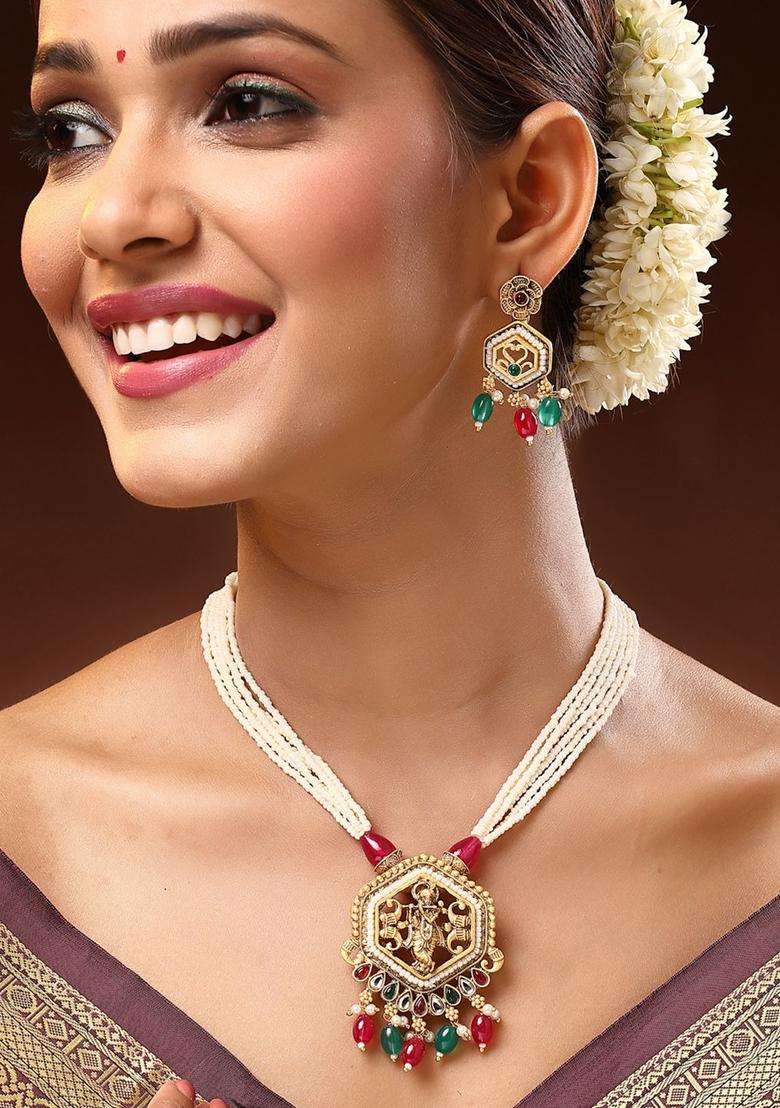 22K Gold-Plated Lord Krishna Kundan-Studded & Pearls Beaded Jewellery Set for Women | Traditional Temple Jewellery for Wedding & Festive Wear | Gift for Her - Indya