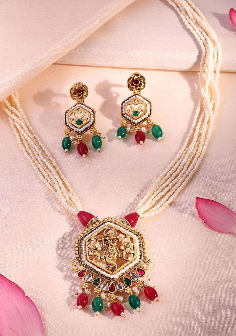 22K Gold-Plated Lord Krishna Kundan-Studded & Pearls Beaded Jewellery Set for Women | Traditional Temple Jewellery for Wedding & Festive Wear | Gift for Her - Indya
