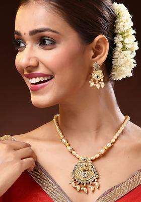 22K Gold-Plated Lord Ganesh Kundan Stone-Studded & Pearls BeadedJewellerySet for Women | Traditional Temple Jewellery for Wedding & Festive Wear | Gift for Her