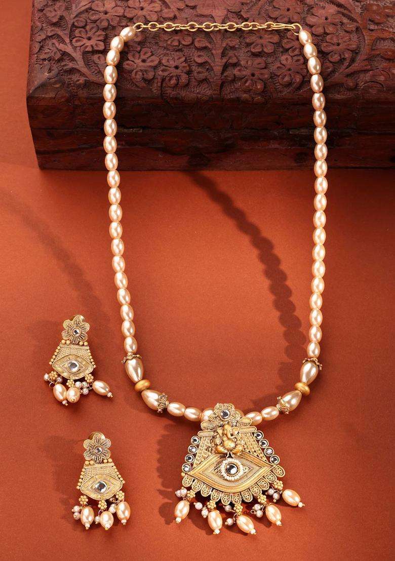 22K Gold-Plated Lord Ganesh Kundan Stone-Studded & Pearls BeadedJewellerySet for Women | Traditional Temple Jewellery for Wedding & Festive Wear | Gift for Her - Indya