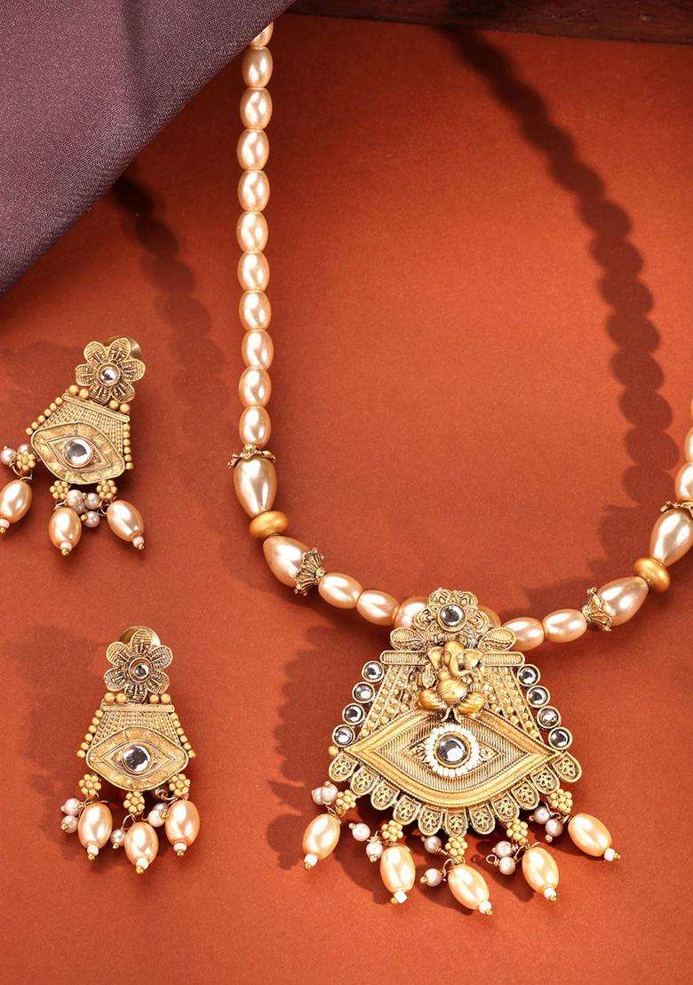 22K Gold-Plated Lord Ganesh Kundan Stone-Studded & Pearls BeadedJewellerySet for Women | Traditional Temple Jewellery for Wedding & Festive Wear | Gift for Her - Indya