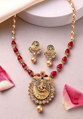 18K Gold-Plated Lord Ganesha Kundan Stone-Studded & Pearls BeadedJewellerySet for Women | Traditional Temple Jewellery for Wedding & Festive Wear | Gift for Her
