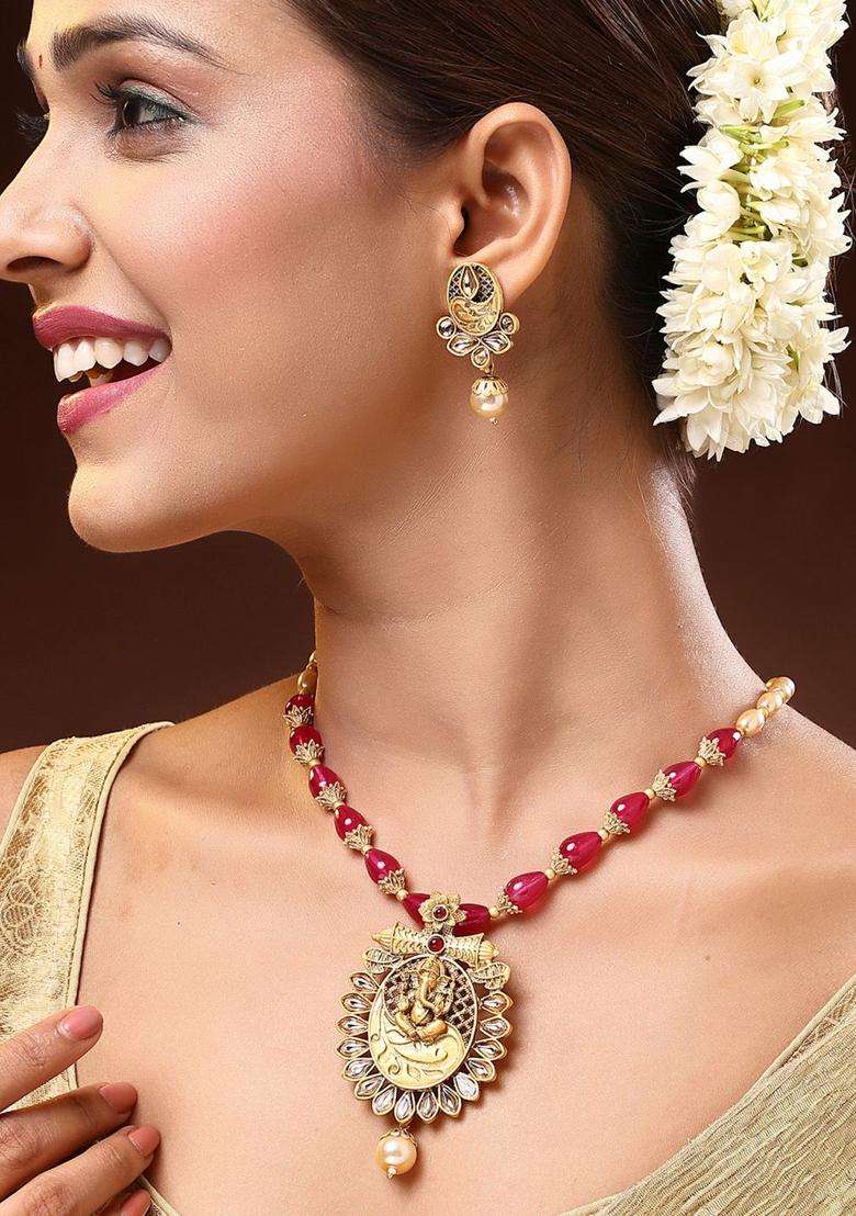 18K Gold-Plated Lord Ganesha Kundan Stone-Studded & Pearls BeadedJewellerySet for Women | Traditional Temple Jewellery for Wedding & Festive Wear | Gift for Her - Indya