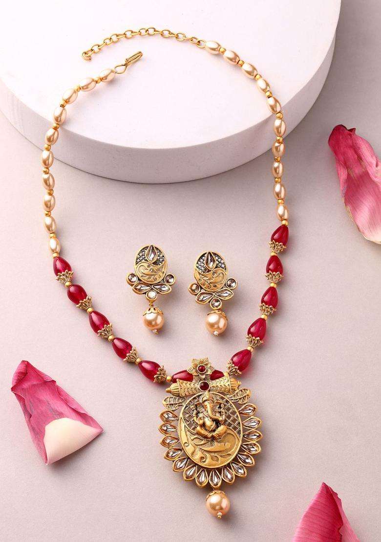 18K Gold-Plated Lord Ganesha Kundan Stone-Studded & Pearls BeadedJewellerySet for Women | Traditional Temple Jewellery for Wedding & Festive Wear | Gift for Her - Indya
