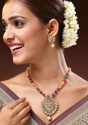 18K Gold-Plated Kundan Stone-Studded & Pearls BeadedJewellerySet for Women | Traditional Temple Jewellery for Wedding & Festive Wear | Gift for Her