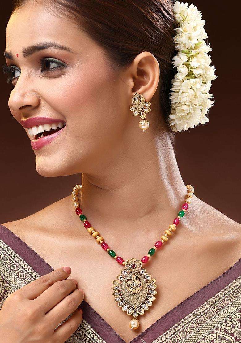 18K Gold-Plated Kundan Stone-Studded & Pearls BeadedJewellerySet for Women | Traditional Temple Jewellery for Wedding & Festive Wear | Gift for Her - Indya