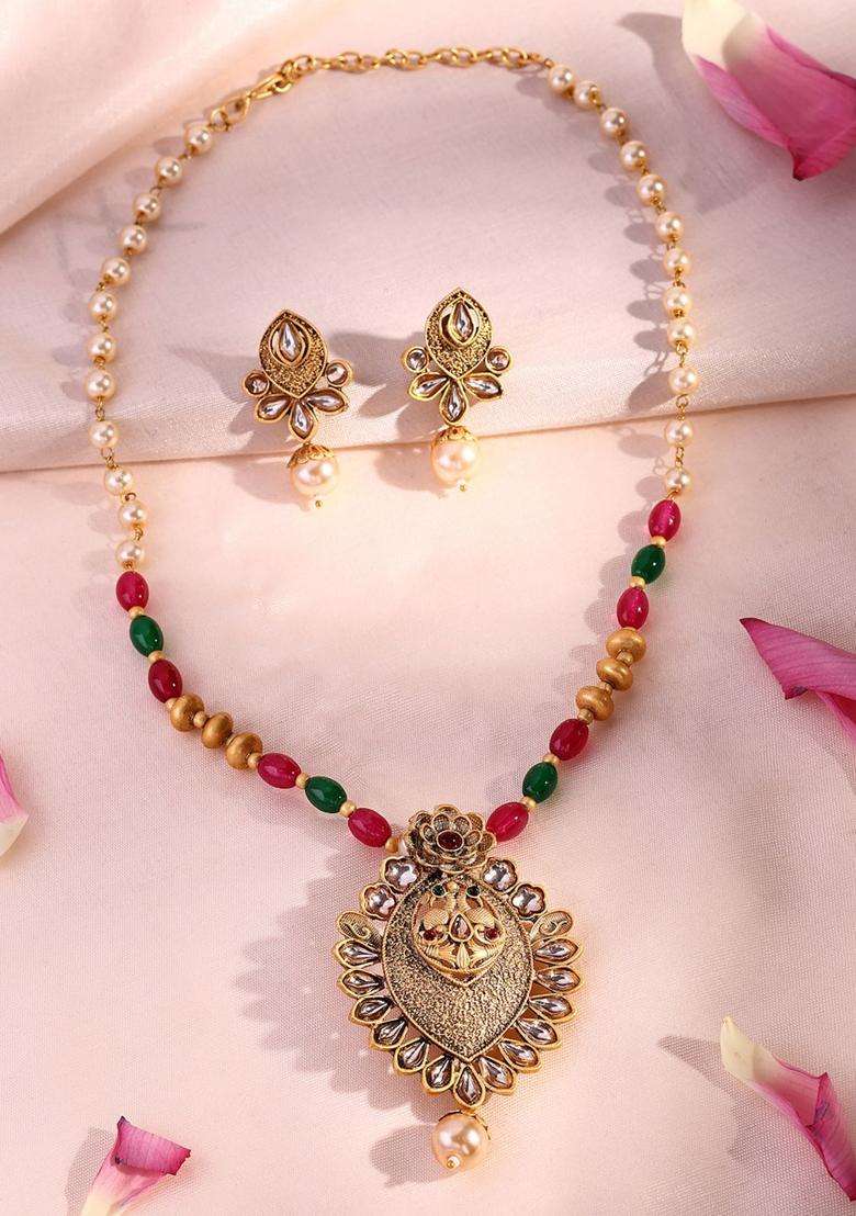 18K Gold-Plated Kundan Stone-Studded & Pearls BeadedJewellerySet for Women | Traditional Temple Jewellery for Wedding & Festive Wear | Gift for Her - Indya