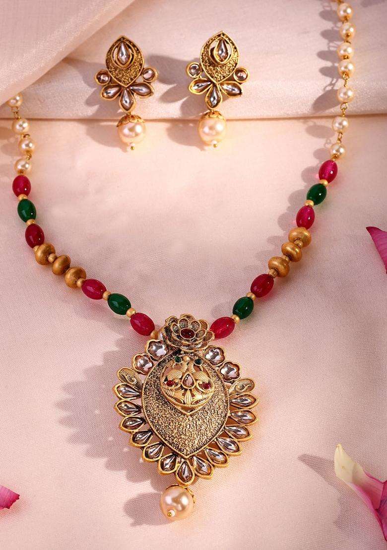 18K Gold-Plated Kundan Stone-Studded & Pearls BeadedJewellerySet for Women | Traditional Temple Jewellery for Wedding & Festive Wear | Gift for Her - Indya