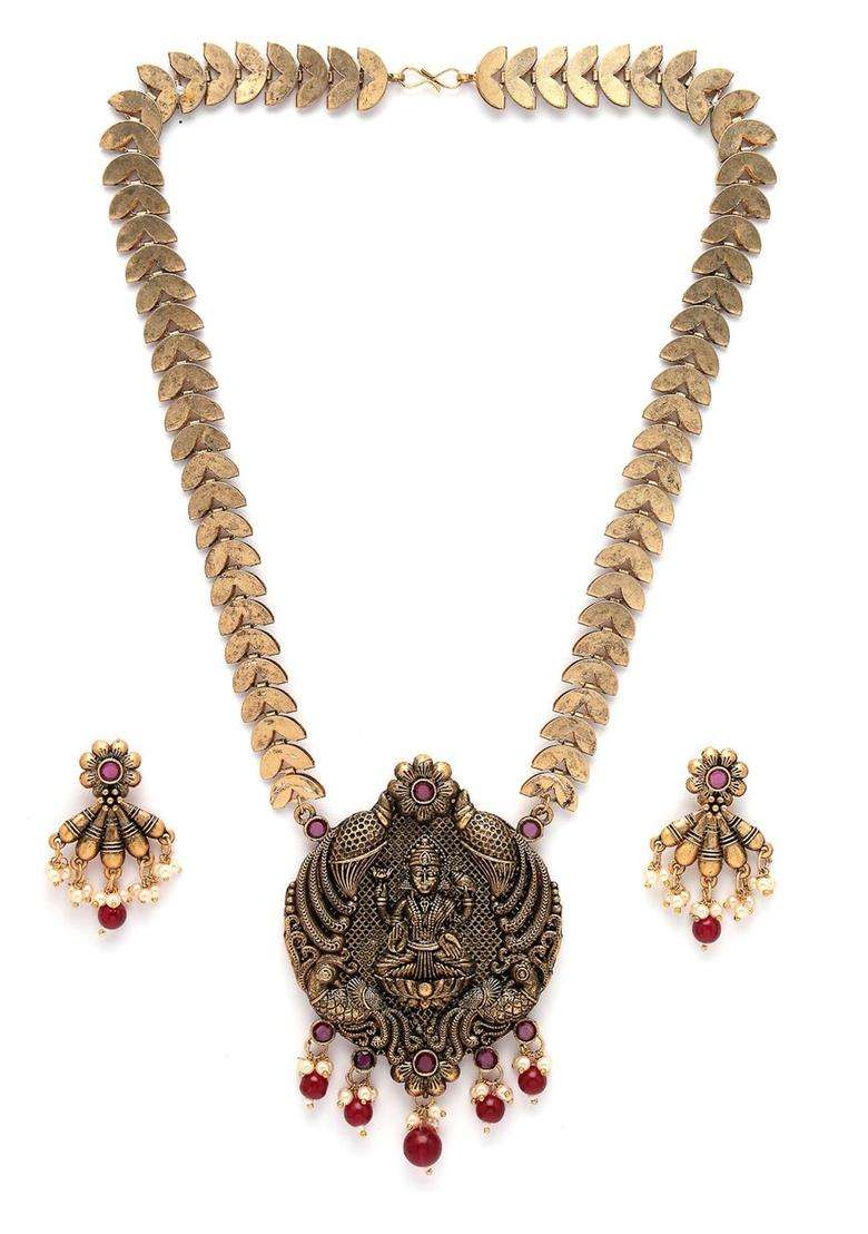 Gold-Plated Stone Studded Pearls Beads Jewellery Set for Women | Traditional Temple Jewellery for Wedding & Festive Wear | Gift for Her - Indya