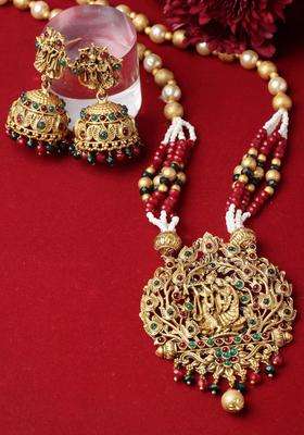 Gold-Plated Red Stone Studded Jewellery Set for Women | Traditional Temple Jewellery for Wedding & Festive Wear | Gift for Her
