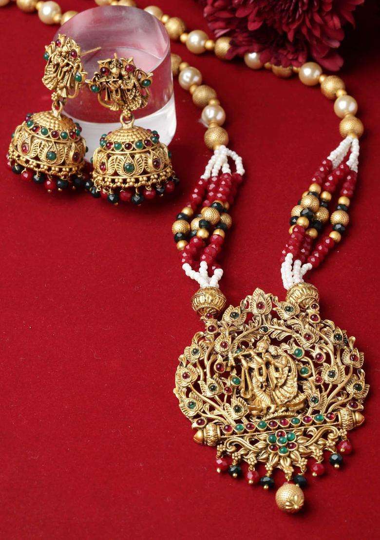 Gold-Plated Red Stone Studded Jewellery Set for Women | Traditional Temple Jewellery for Wedding & Festive Wear | Gift for Her - Indya