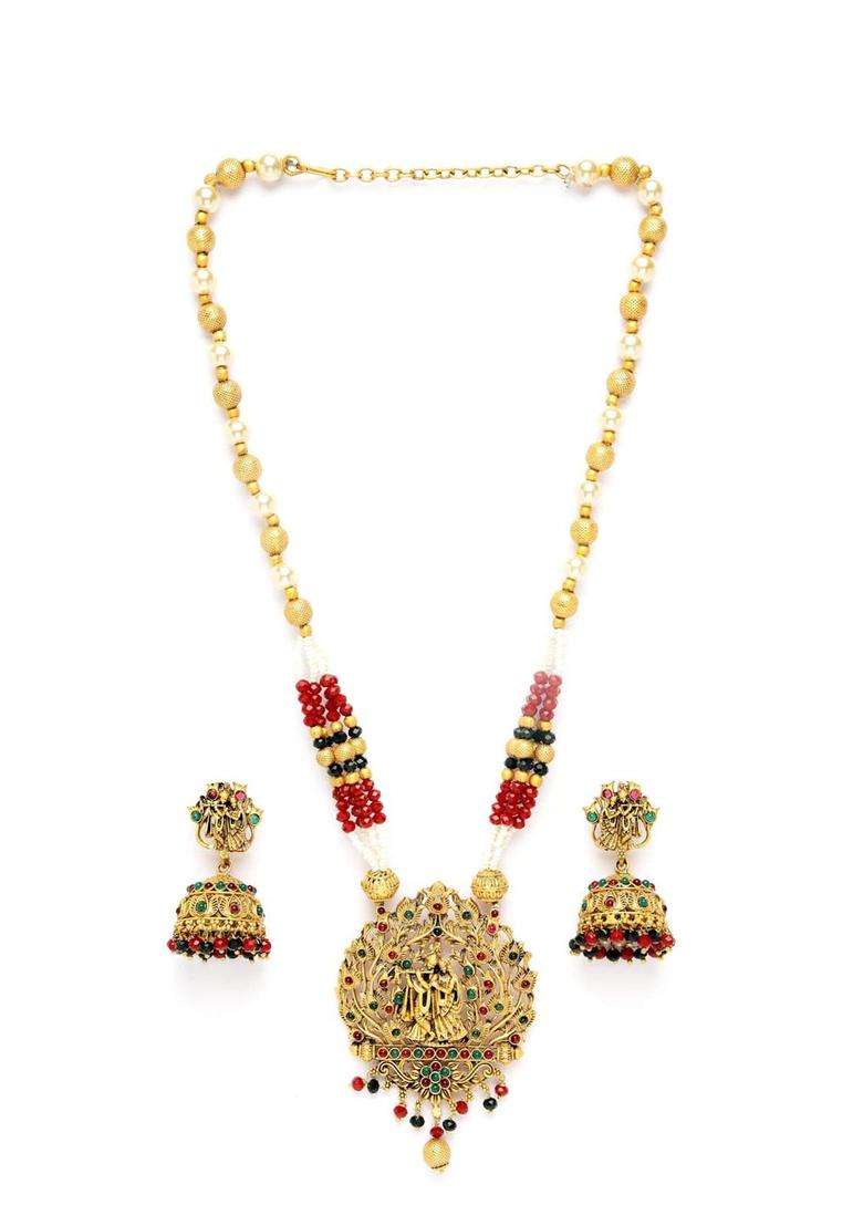 Gold-Plated Red Stone Studded Jewellery Set for Women | Traditional Temple Jewellery for Wedding & Festive Wear | Gift for Her - Indya