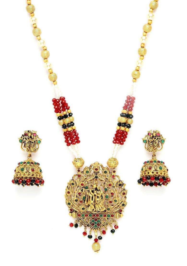 Gold-Plated Red Stone Studded Jewellery Set for Women | Traditional Temple Jewellery for Wedding & Festive Wear | Gift for Her - Indya