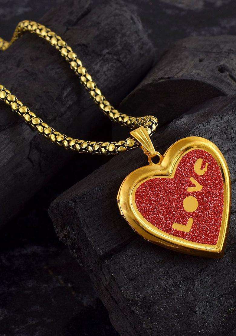 Gold-Plated Heart Shaped Photo Locket Pendant with Chain for Men & Women | Traditional Temple Jewellery for Wedding & Festive Wear | Festive Gift - Indya