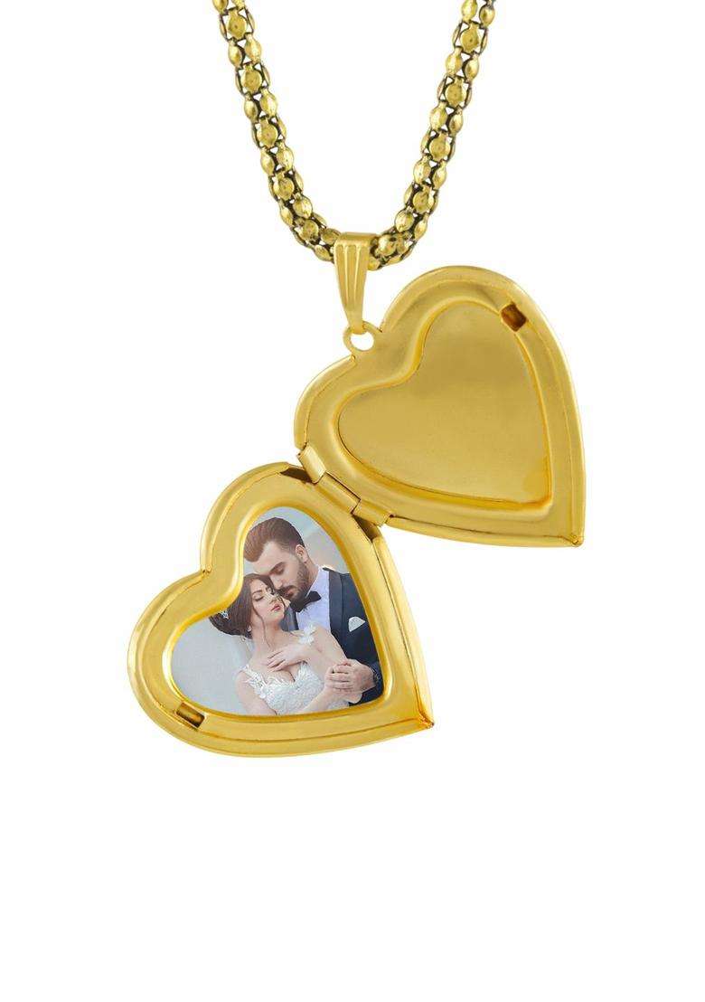 Gold-Plated Heart Shaped Photo Locket Pendant with Chain for Men & Women | Traditional Temple Jewellery for Wedding & Festive Wear | Festive Gift - Indya