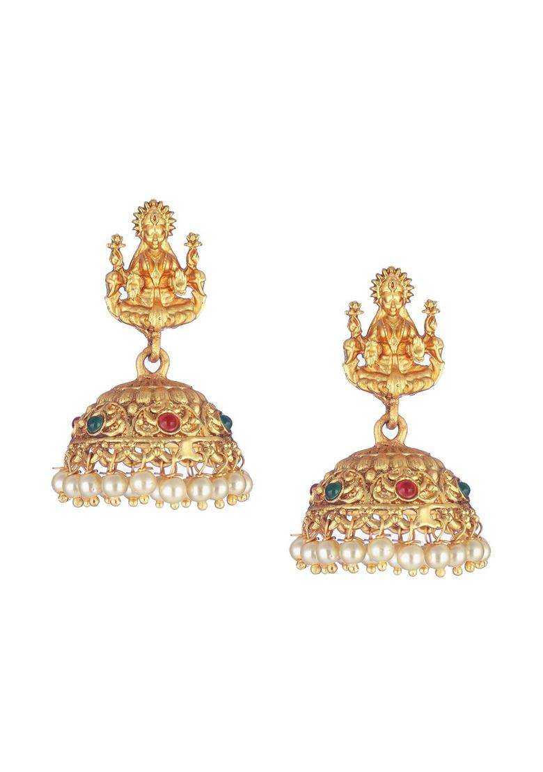 Gold-Plated Goddess Lakshmi Motif Classic Temple Jhumka Earrings for Women | Traditional Temple Jewellery for Wedding & Festive Wear | Gift for Her - Indya