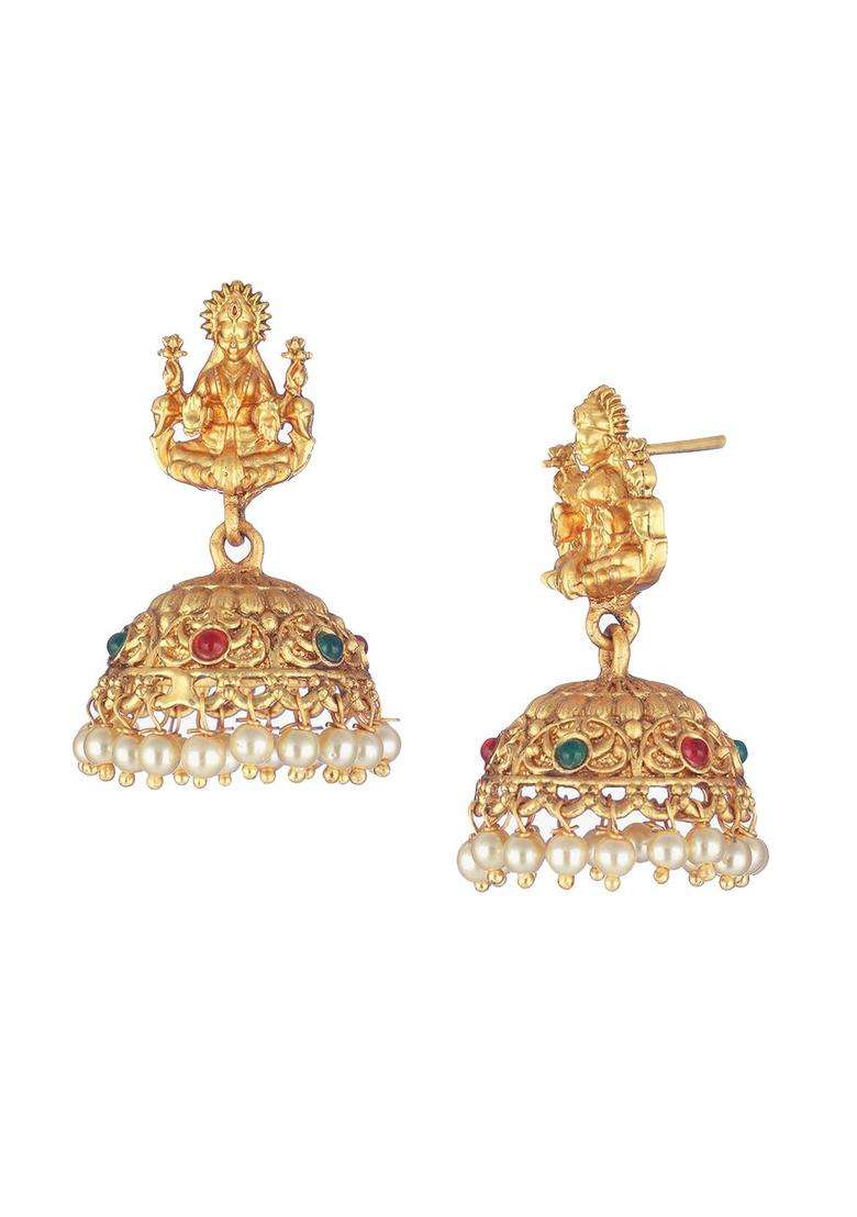 Gold-Plated Goddess Lakshmi Motif Classic Temple Jhumka Earrings for Women | Traditional Temple Jewellery for Wedding & Festive Wear | Gift for Her - Indya