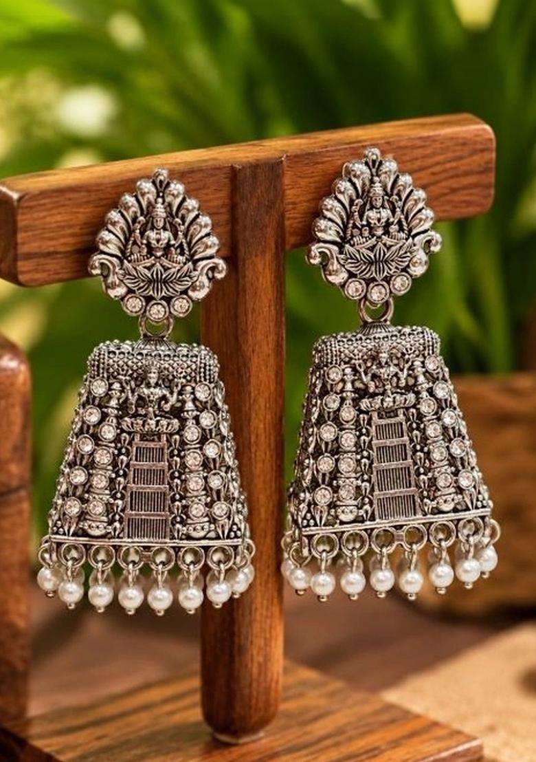 Silver-Plated Geometric Jhumkas Earrings for Women | Traditional Temple Jewellery for Wedding & Festive Wear | Gift for Her - Indya
