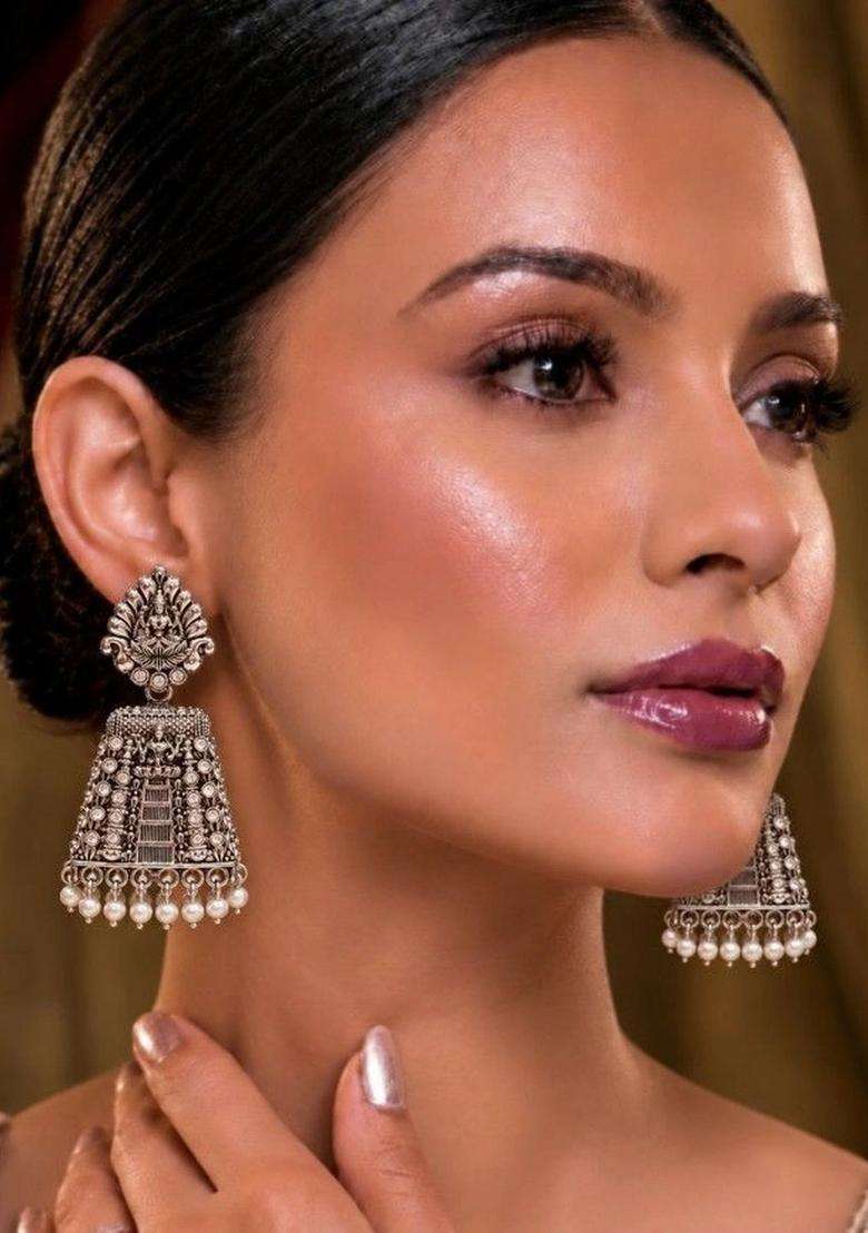Silver-Plated Geometric Jhumkas Earrings for Women | Traditional Temple Jewellery for Wedding & Festive Wear | Gift for Her - Indya