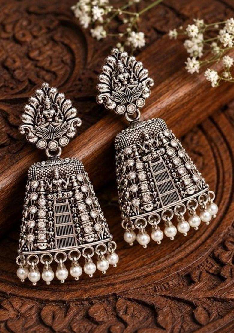 Silver-Plated Geometric Jhumkas Earrings for Women | Traditional Temple Jewellery for Wedding & Festive Wear | Gift for Her - Indya