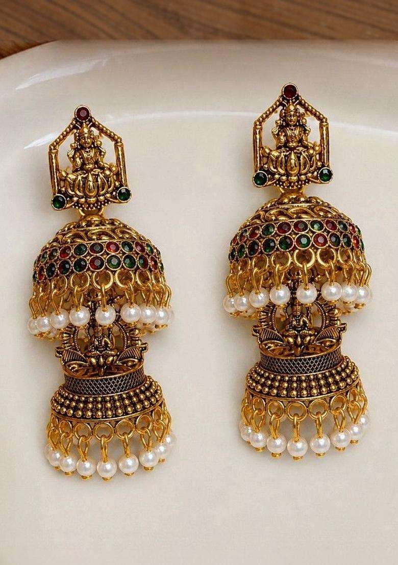 Gold-Plated Geometric Jhumkas Earrings for Women | Traditional Temple Jewellery for Wedding & Festive Wear | Gift for Her - Indya