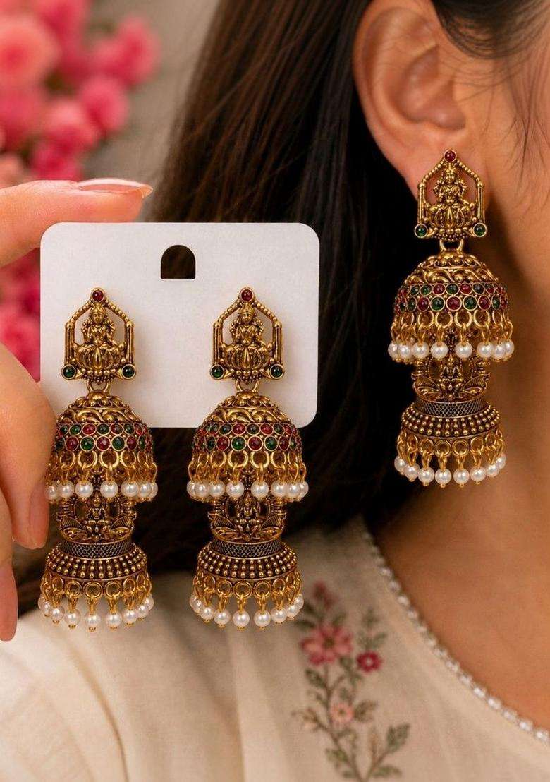Gold-Plated Geometric Jhumkas Earrings for Women | Traditional Temple Jewellery for Wedding & Festive Wear | Gift for Her - Indya