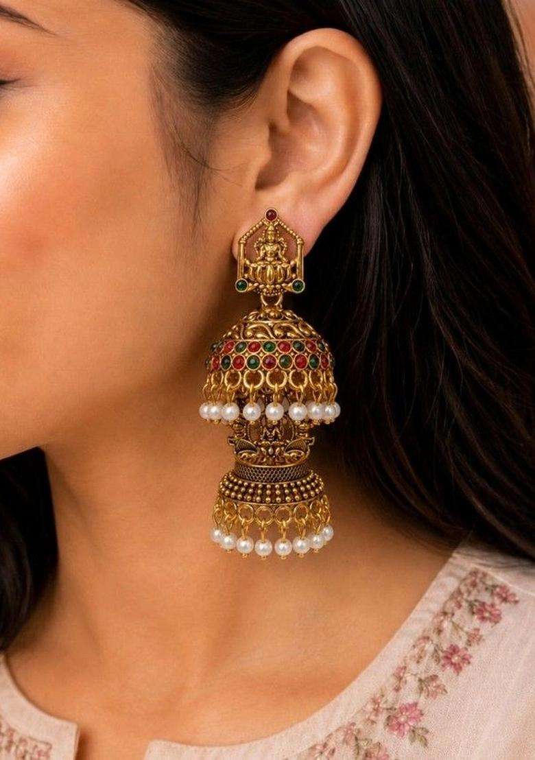 Gold-Plated Geometric Jhumkas Earrings for Women | Traditional Temple Jewellery for Wedding & Festive Wear | Gift for Her - Indya