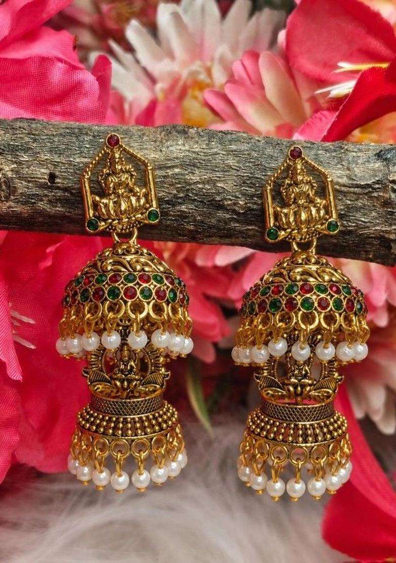 Gold-Plated Geometric Jhumkas Earrings for Women | Traditional Temple Jewellery for Wedding & Festive Wear | Gift for Her - Indya