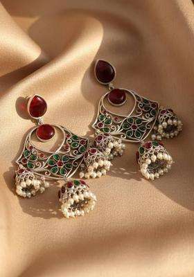 Silver-Plated Geometric Jhumkas Earrings with Pearl for Women | Traditional Temple Jewellery for Wedding & Festive Wear | Gift for Her