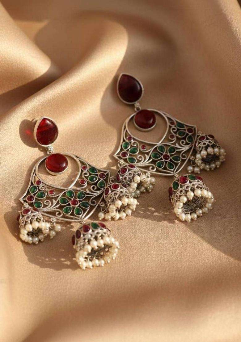 Silver-Plated Geometric Jhumkas Earrings with Pearl for Women | Traditional Temple Jewellery for Wedding & Festive Wear | Gift for Her - Indya