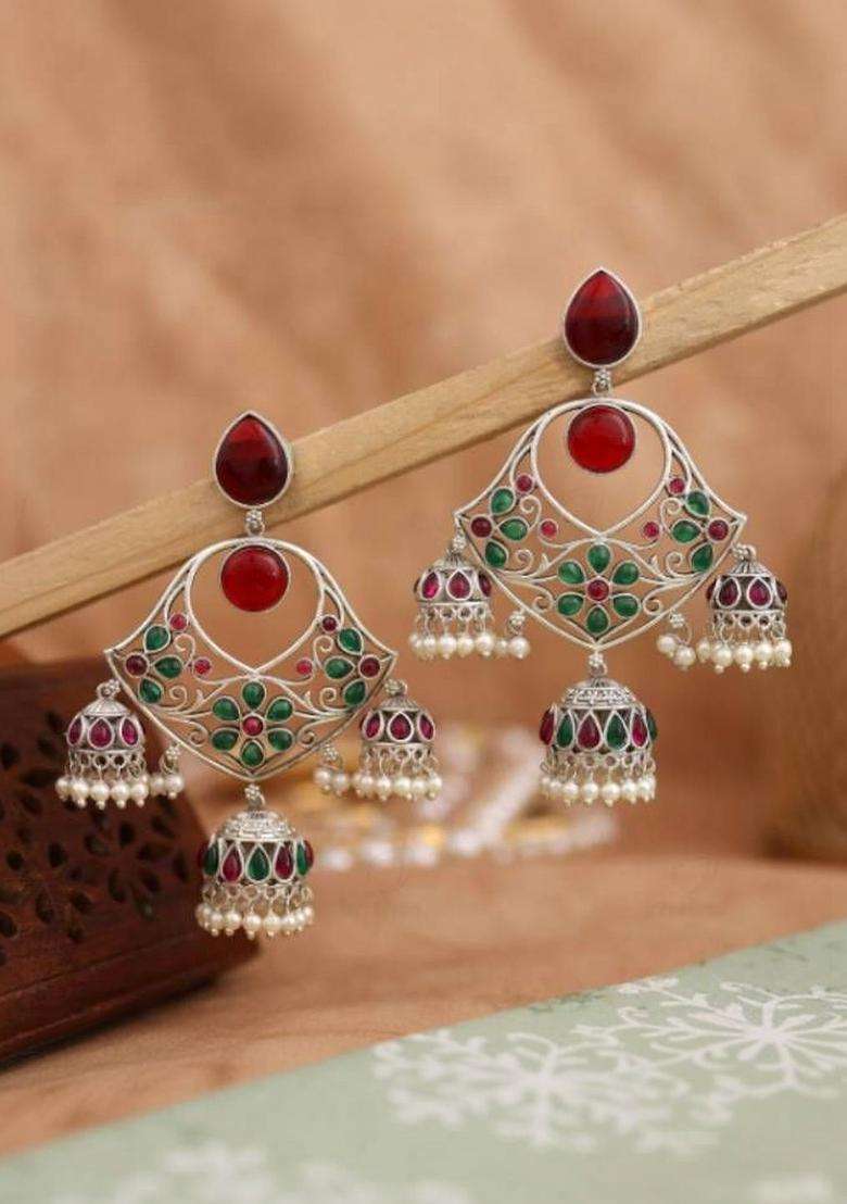 Silver-Plated Geometric Jhumkas Earrings with Pearl for Women | Traditional Temple Jewellery for Wedding & Festive Wear | Gift for Her - Indya