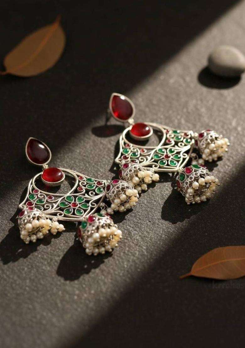 Silver-Plated Geometric Jhumkas Earrings with Pearl for Women | Traditional Temple Jewellery for Wedding & Festive Wear | Gift for Her - Indya