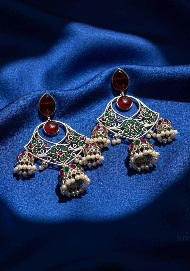 Silver-Plated Geometric Jhumkas Earrings with Pearl for Women | Traditional Temple Jewellery for Wedding & Festive Wear | Gift for Her - Indya
