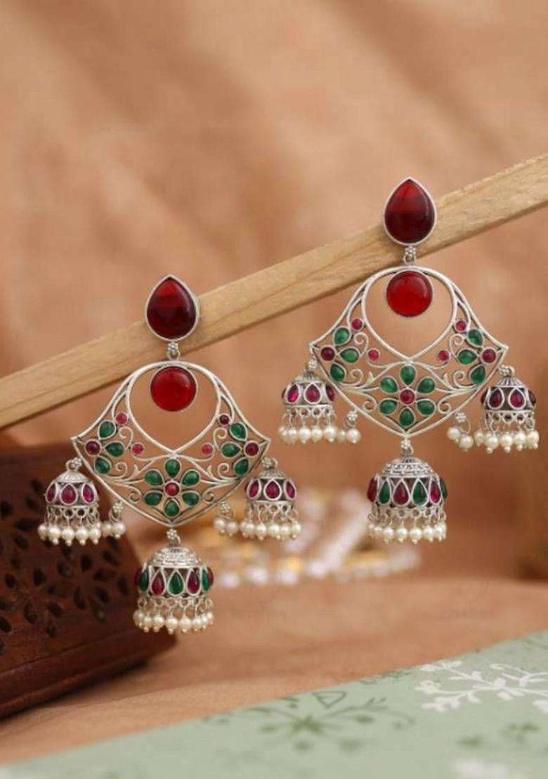 Silver-Plated Floral Jhumkas Earrings with Pearl for Women | Traditional Temple Jewellery for Wedding & Festive Wear | Gift for Her - Indya