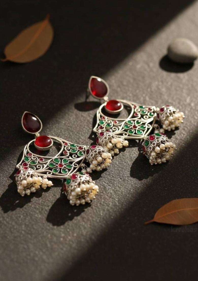 Silver-Plated Floral Jhumkas Earrings with Pearl for Women | Traditional Temple Jewellery for Wedding & Festive Wear | Gift for Her - Indya